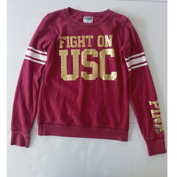 Victoria Secrets Pink USC Trojans Sweatshirt Women M Coral Gold Fleece Sport - Picture 1 of 10